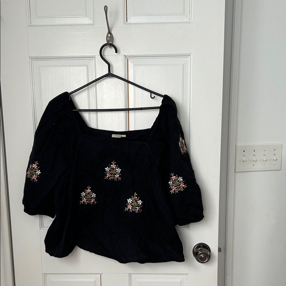 Oasis Black Embroidered Puff-Sleeve Blouse